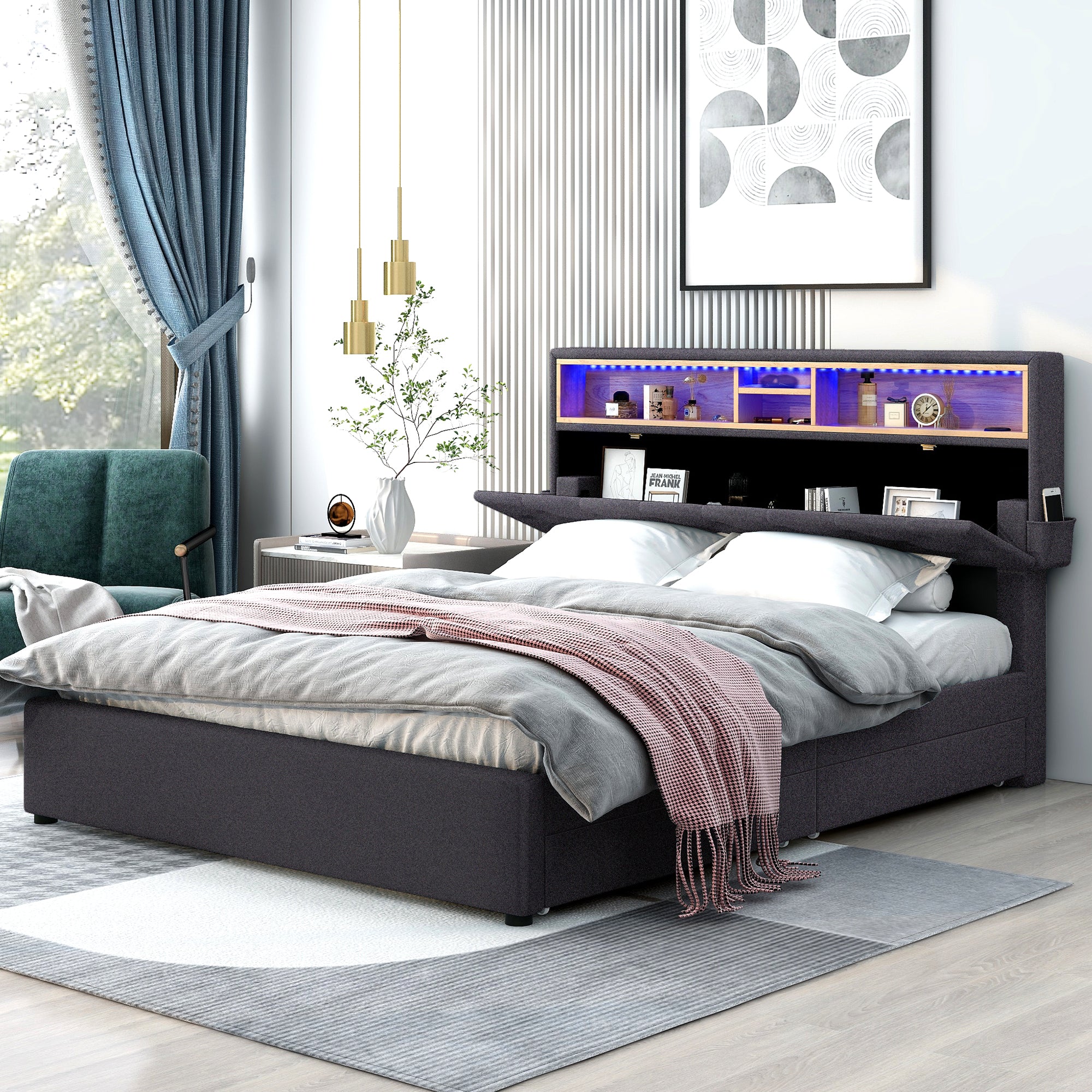 Letto Queen con LED e Ricarica USB Grigio Scuro