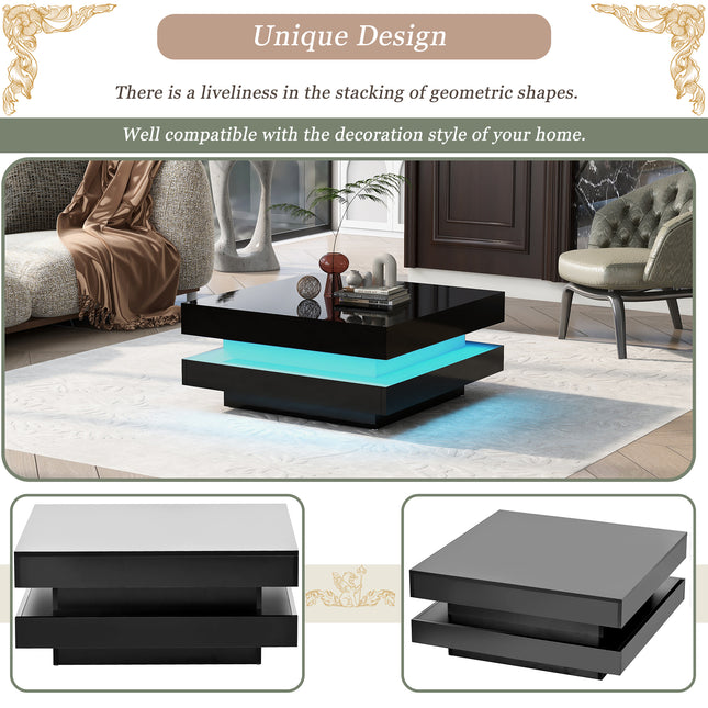 ON-TREND High Gloss Minimalist Design 2-Tier Square Coffee Table with LED Lights – Black