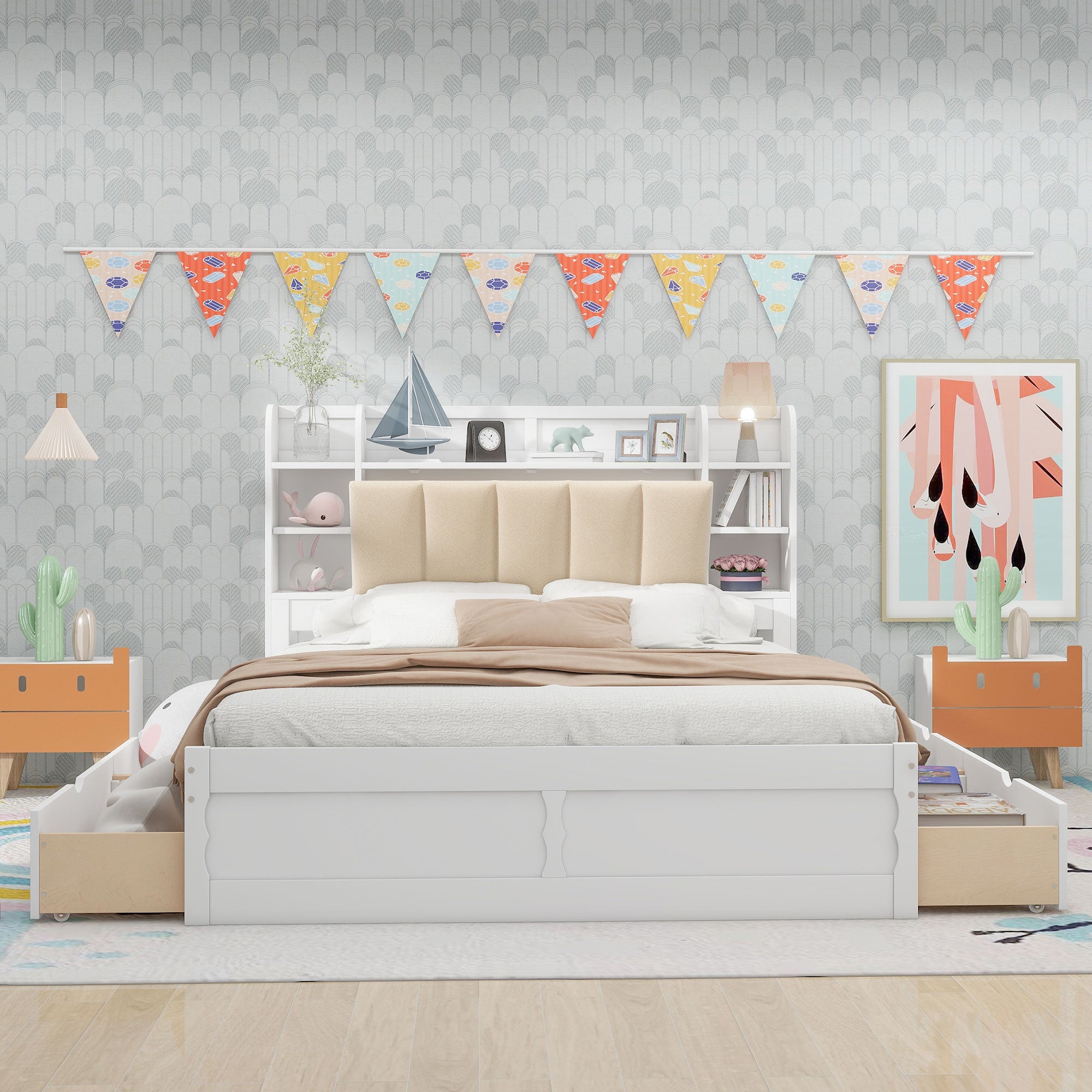 Letto Matrimoniale in Legno con Testiera Contenitore, Ripiani e 4 Cassetti - Bianco