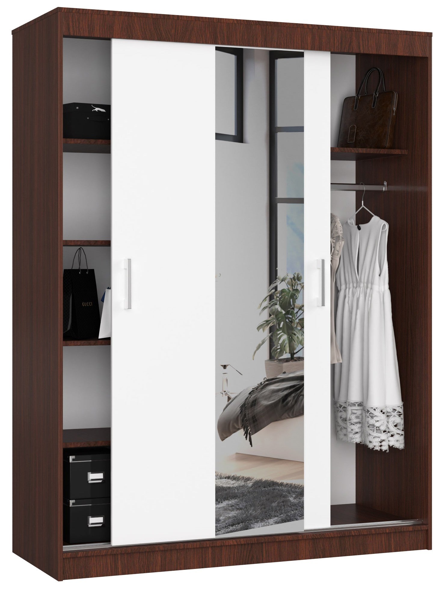 Armadio Scorrevole Nobile 150 cm con Specchio – Wengé/Bianco