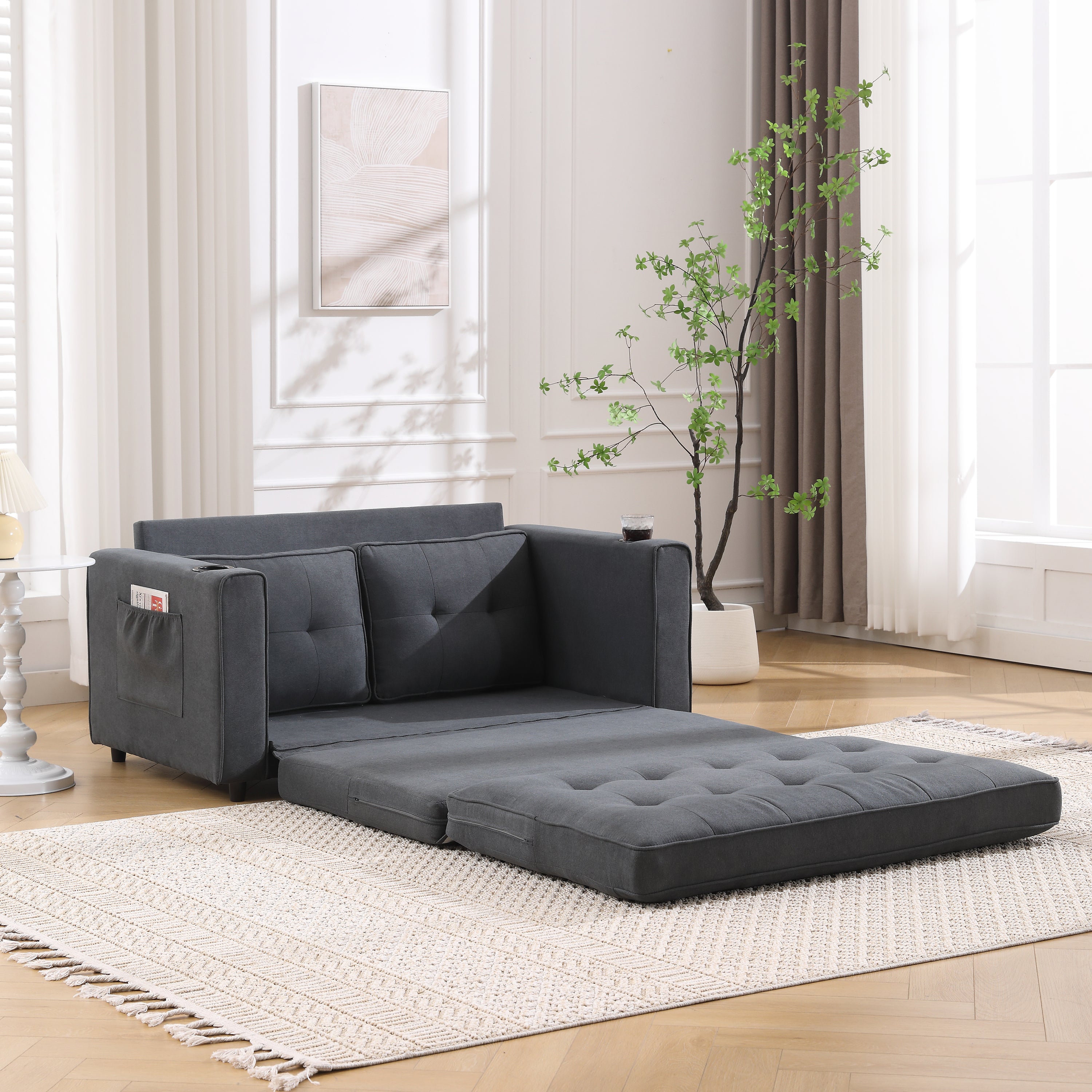 Divano Letto Futon 3 in 1 Grigio Scuro