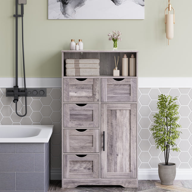 5 Drawers Storage Cabinet with Adjustable Shelves, Bathroom Cabinet with Doors, Floor Cabinet for Living Room Grey Default Title