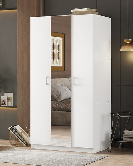 3 Door Wardrobe with Mirror, Armoire with Hanging Rod and 3 Fixed Shelves, White