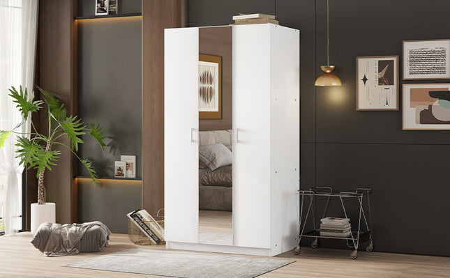 3 Door Wardrobe with Mirror, Armoire with Hanging Rod and 3 Fixed Shelves, White