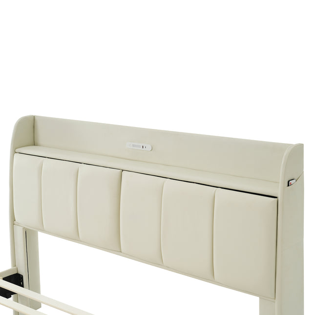 Large Floating Bed Frame with Storage Headboard – Touch Sensor Night Light and USB Charger, Padded Platform Bed, Beige