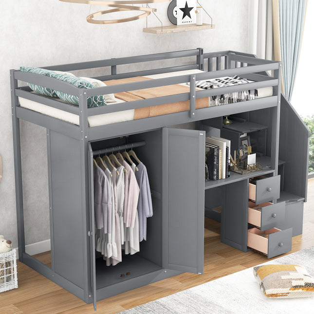Twin Size Loft Bed with Wardrobe and Staircase Desk and Storage Drawers and Cabinet in 1 Gray