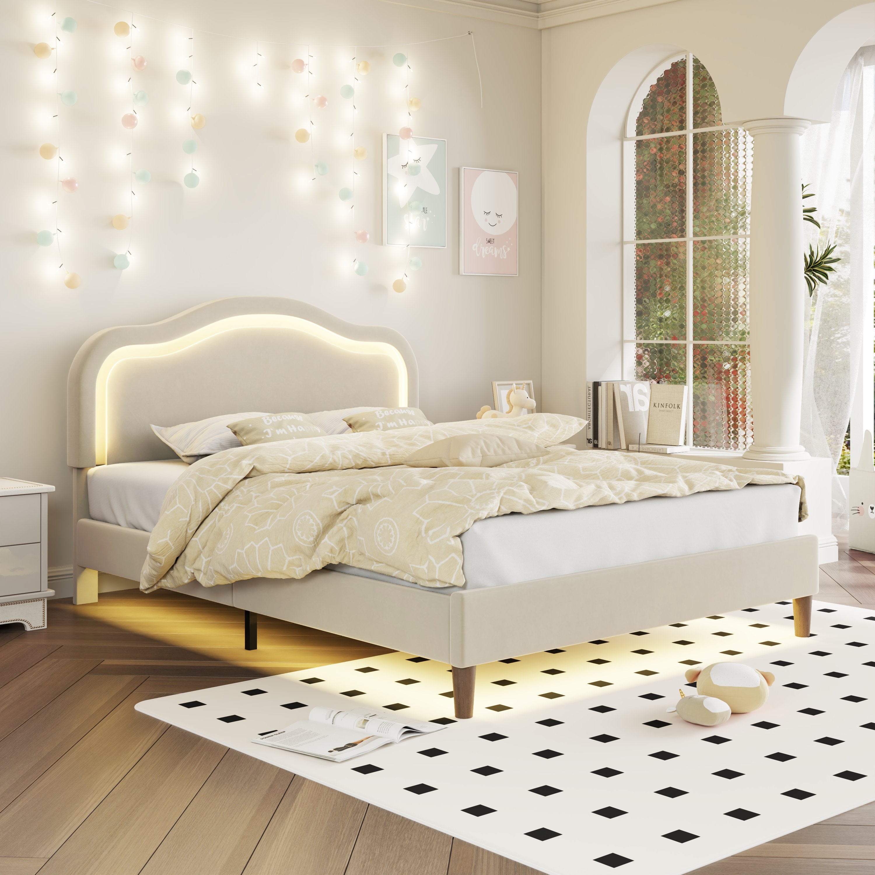 Letto Full Size Velluto Beige con LED