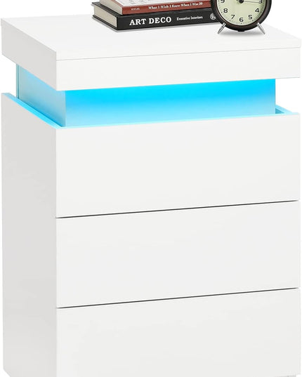 LED White Nightstand With 3 Drawers, Modern Multi-Colour LED Night Table Bedside Tables for Bedroom, Living Room