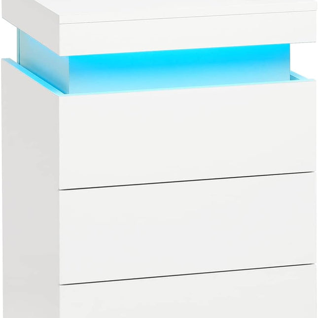 LED White Nightstand With 3 Drawers, Modern Multi-Colour LED Night Table Bedside Tables for Bedroom, Living Room