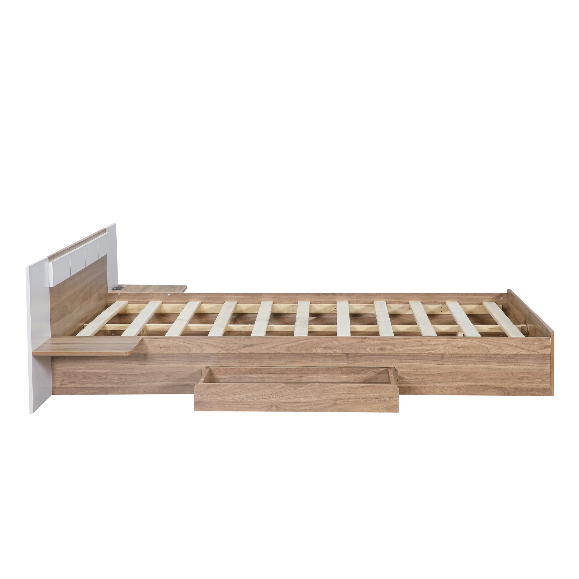 Letto Matrimoniale in Legno con Cassetti, Ripiani, Porte USB e Prese - Naturale