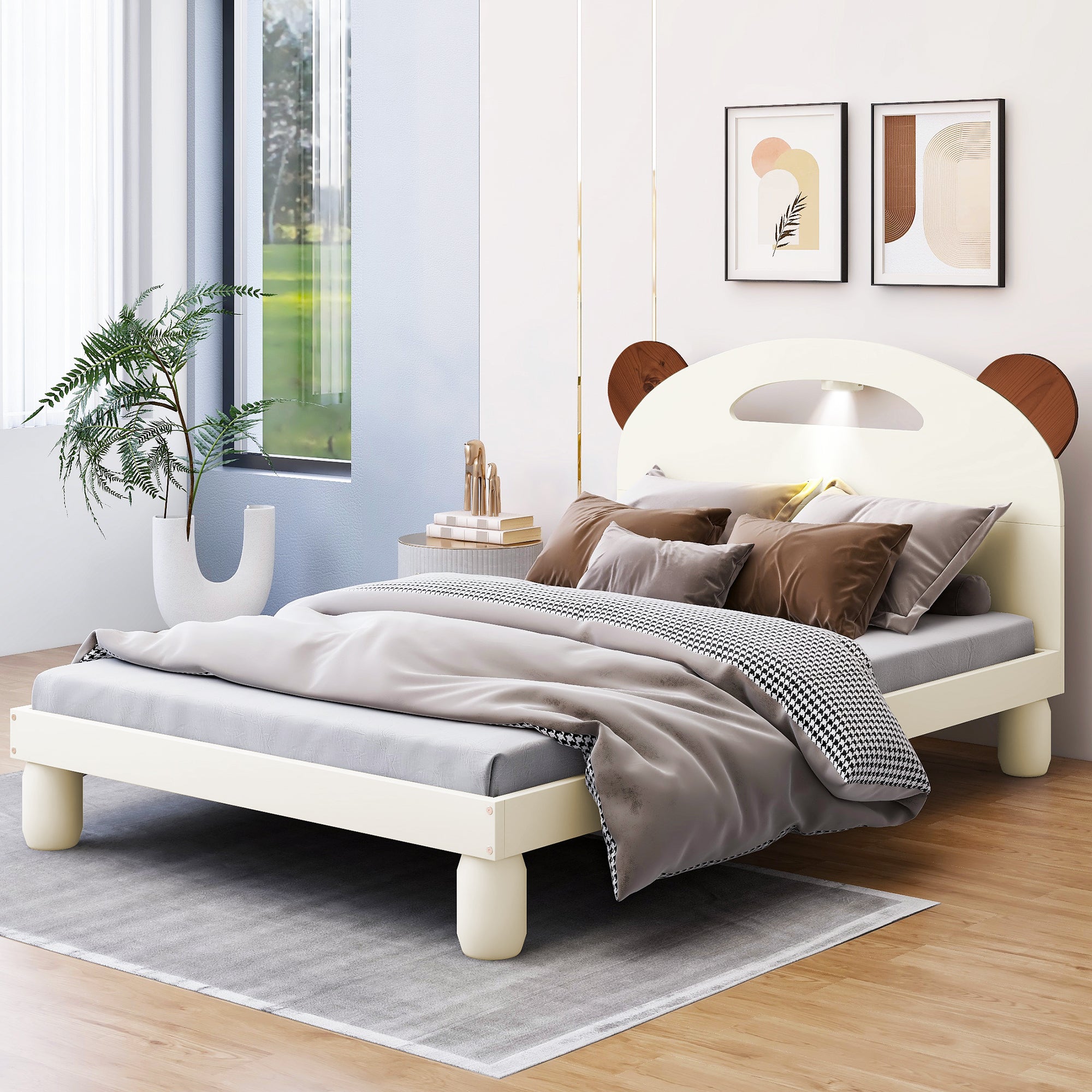 Letto Singolo in Legno con Testiera a Orecchie di Orso e LED - Bianco Crema