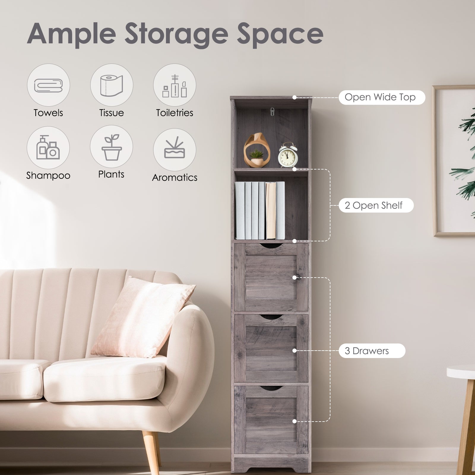 Mobile Bagno Alto 3 Cassetti 2 Mensole Grigio