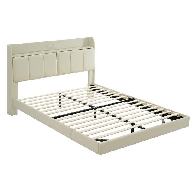 Large Floating Bed Frame with Storage Headboard – Touch Sensor Night Light and USB Charger, Padded Platform Bed, Beige