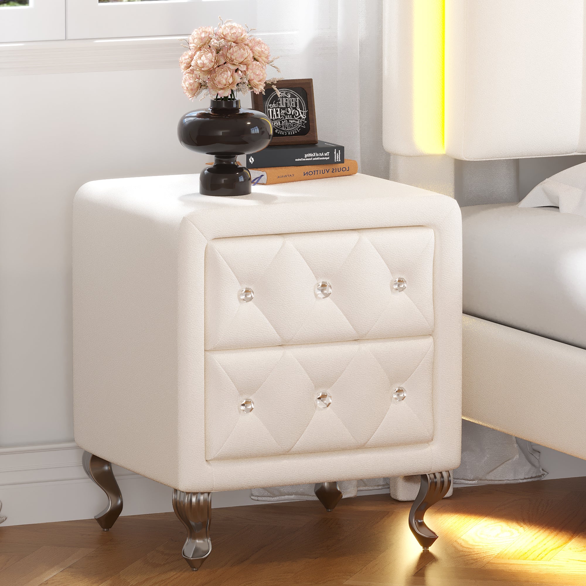 Comodino Bianco Ecopelle Gambe Metallo