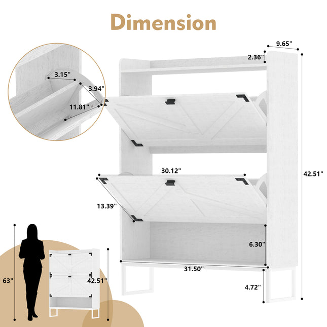 Freestanding Shoe Cabinet with 2 Flip Drawers – White Entryway Storage Organizer with Open Compartment
