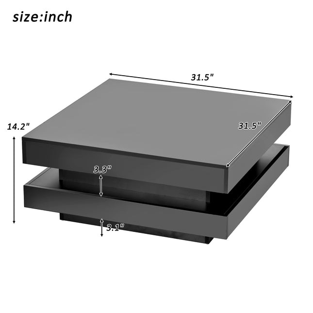 ON-TREND High Gloss Minimalist Design 2-Tier Square Coffee Table with LED Lights – Black