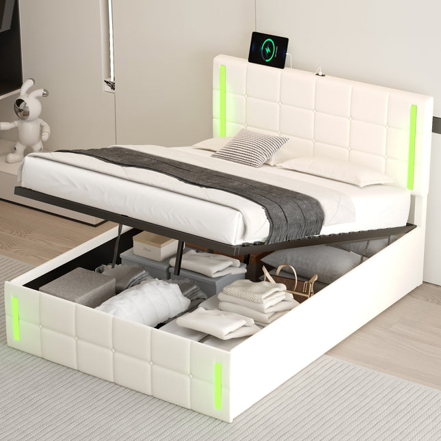 Full Size Upholstered Bed with LED Lights,Hydraulic Storage System and USB Charging Station,White Default Title