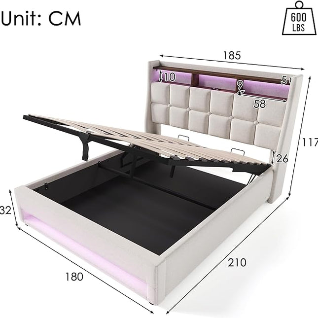 Double Bed with Storage Space and Slatted Frame, LED Headboard with USB Charging, Backrest, Bed Frame(Beige, 180 x 200 cm)