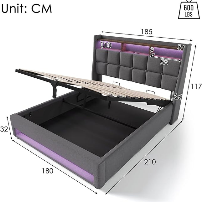 Double Bed with Storage Space and Slatted Frame, LED Headboard with USB Charging, Backrest, Bed Frame, Linen (Grey, 180 x 200 cm)