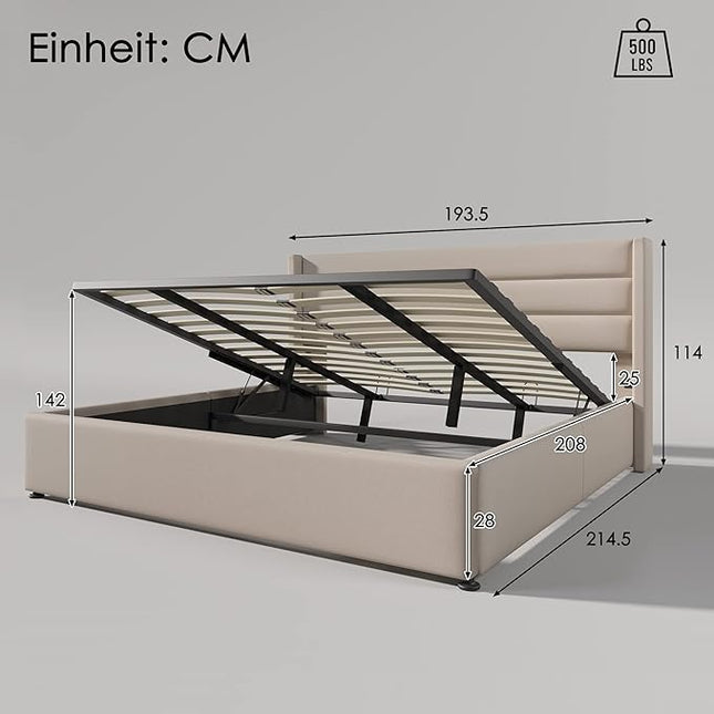 Purified Storage Bed, Upholstered Bed, Hydraulic Double Bed, 180 x 200 cm, Wooden Slatted Frame, Bed with Metal Frame, Linen (Beige, 180 x 200 cm)