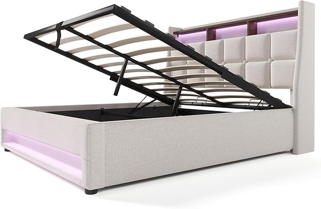 Double Bed with Storage Space and Slatted Frame, LED Headboard with USB Charging, Backrest, Bed Frame(Beige, 180 x 200 cm)
