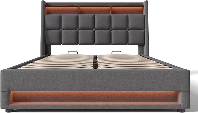 Double Bed with Storage Space and Slatted Frame, LED Headboard with USB Charging, Backrest, Bed Frame, Linen (Grey, 180 x 200 cm)