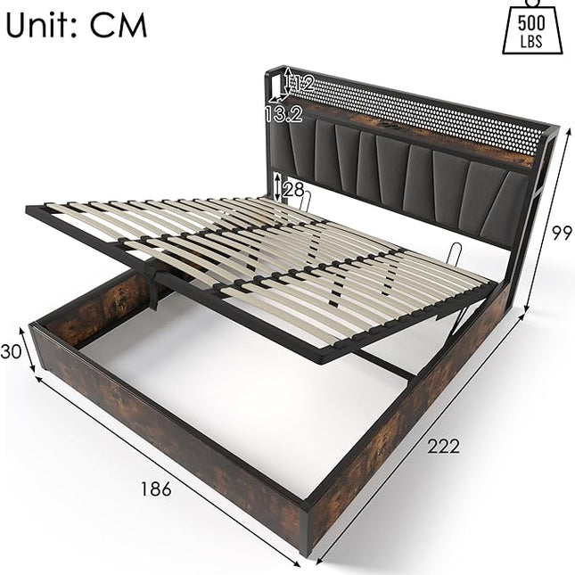 Hydraulic Double Bed 180x200 cm with Storage, LED Headboard & USB, Grey Linen, Slatted Frame (Without Mattress) Double Double