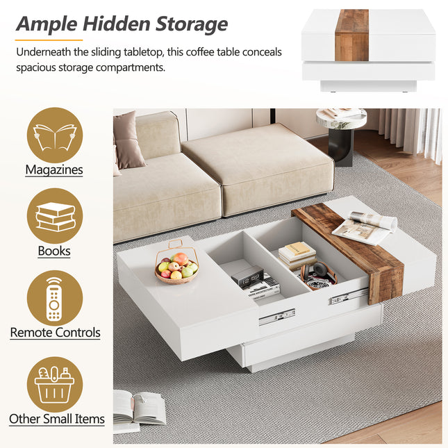 ON-TRANS 31.4 Inches x 31.4 Inches High Gloss Center Table with Sliding Top and Hidden Storage Room – White