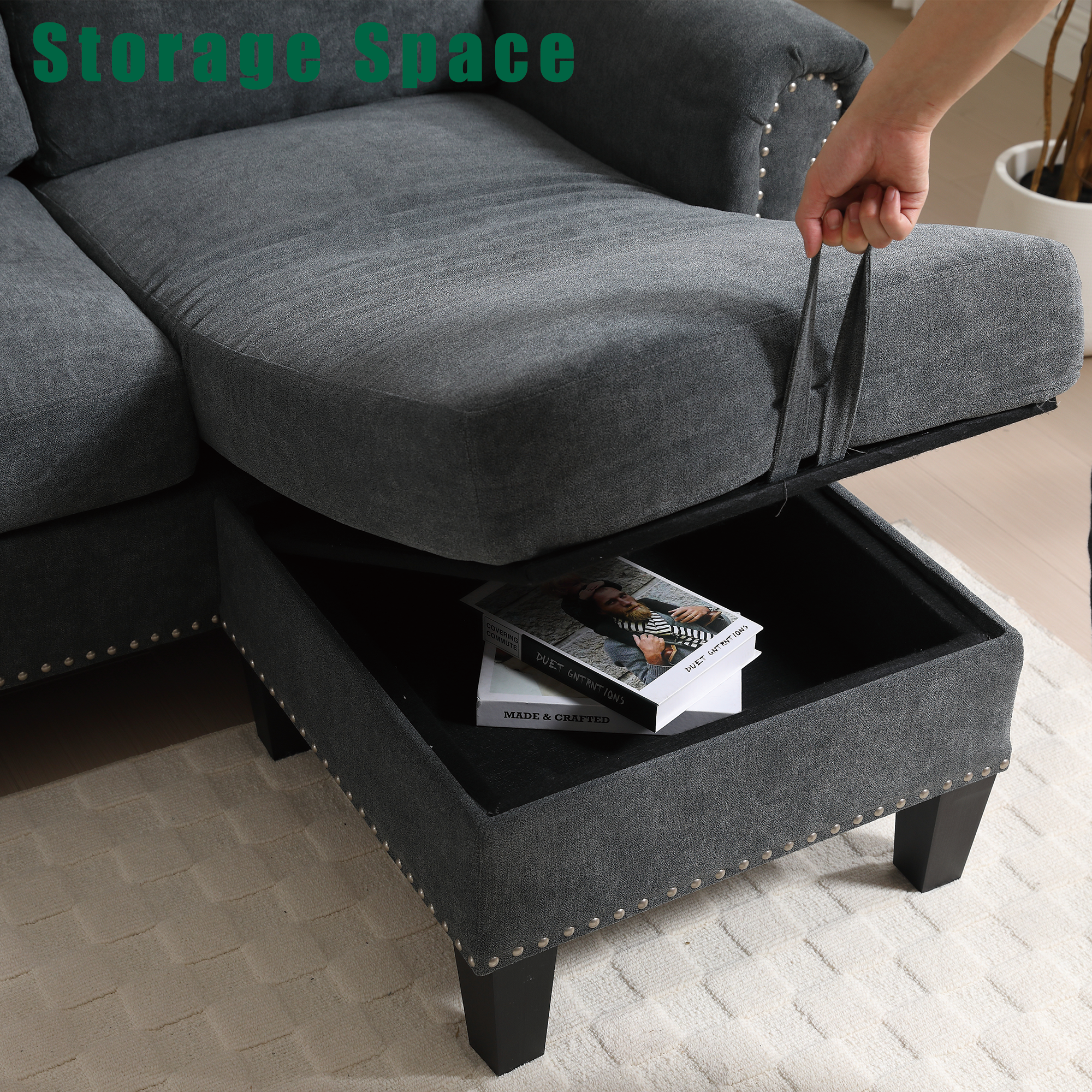 Divano Angolare a L con Contenitore Grigio Moderno