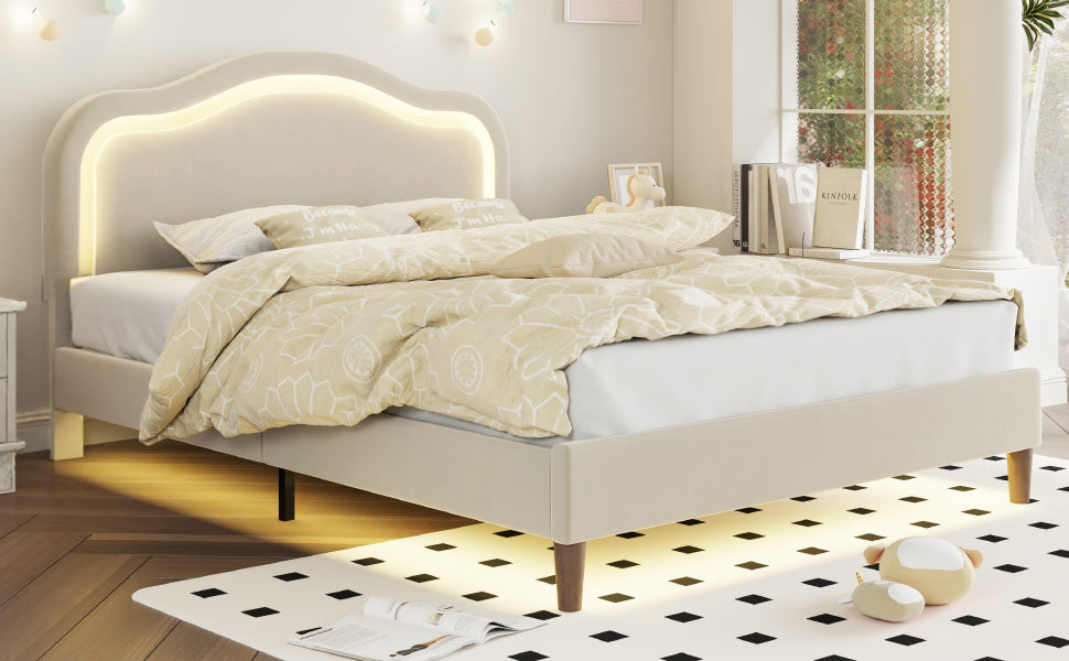 Letto Full Size Velluto Beige con LED