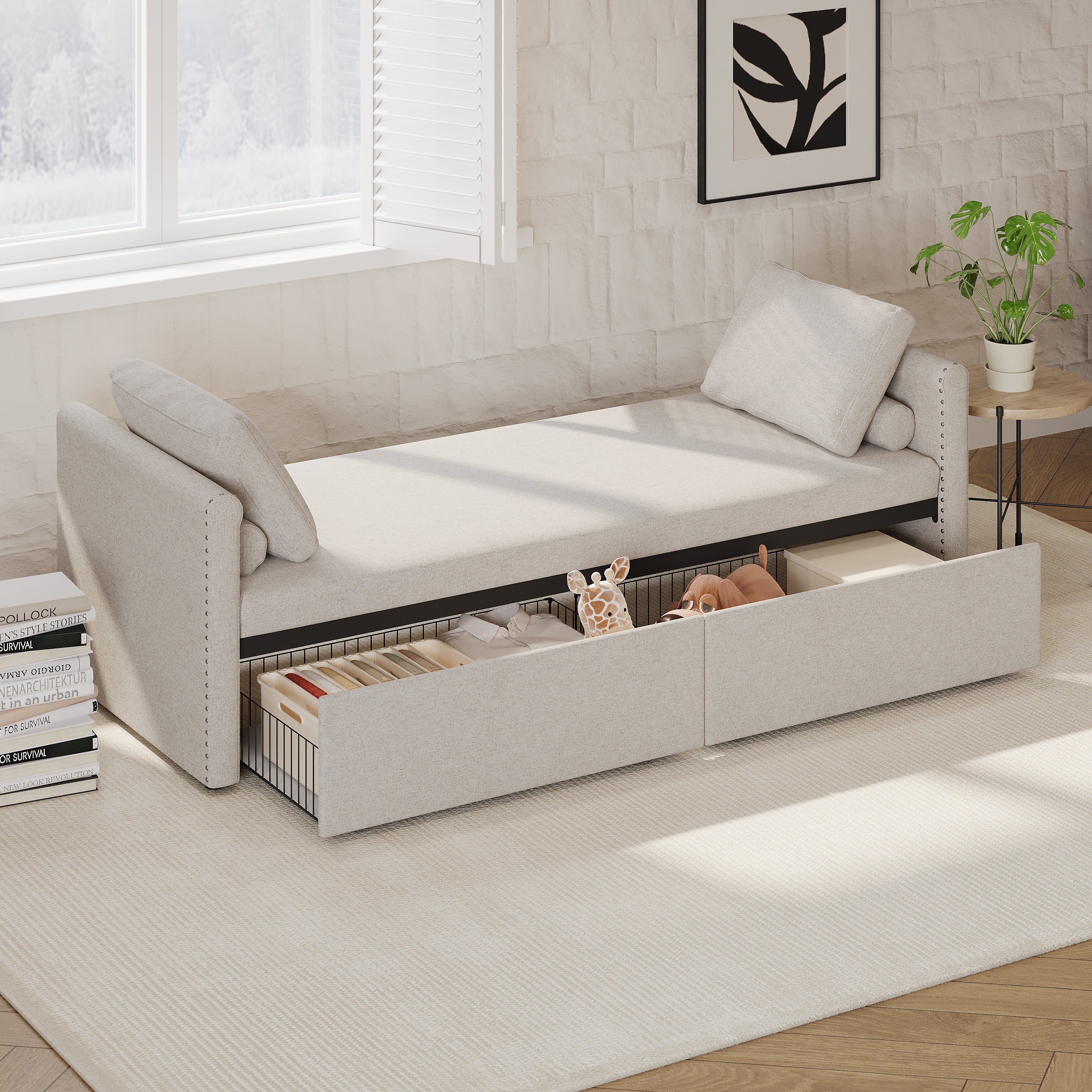 Poltrona Letto Imbottita 2 Cassetti Beige