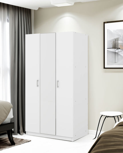 3 Door Wardrobe with Mirror, Armoire with Hanging Rod and 3 Fixed Shelves, White