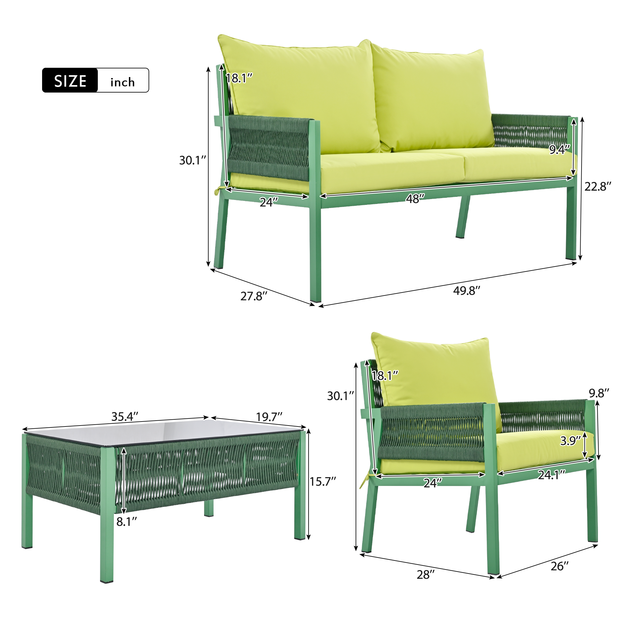Set Patio Corda 4 Pezzi Verde Giallo