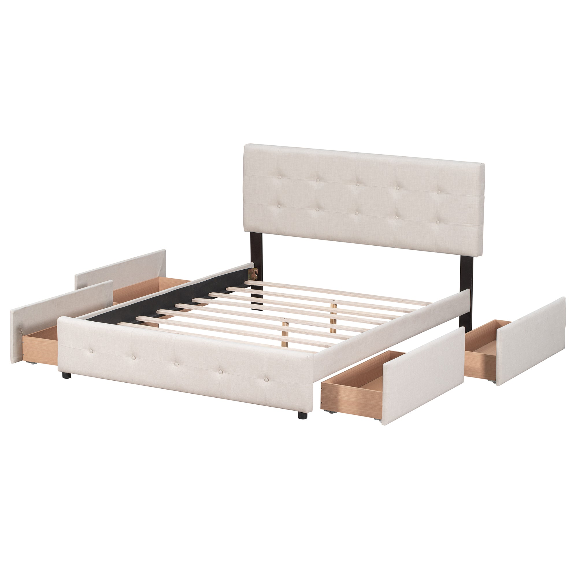 Letto Queen Imbottito 4 Cassetti Beige