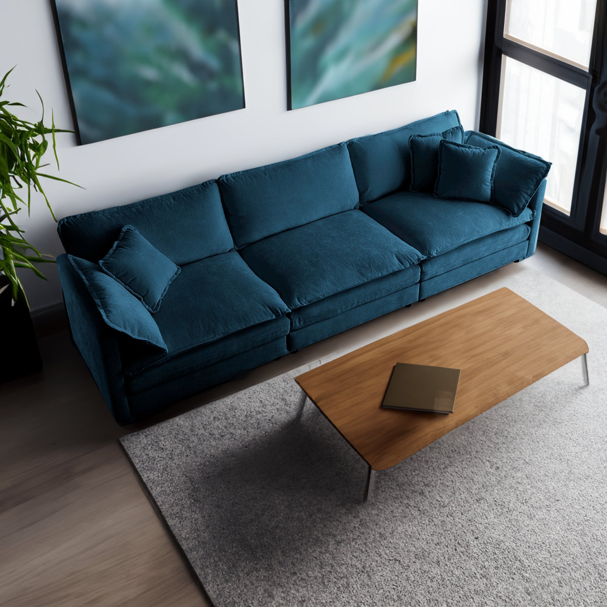 Divano 3 Posti Blu in Ciniglia Stile Mid-Century Moderno