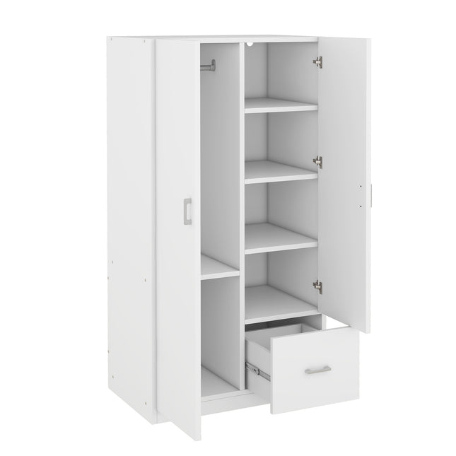 Wooden Wardrobe with Double Doors, Armoire with Hanging Rod, 5 Fixed Shelves, One Storage Drawer, White