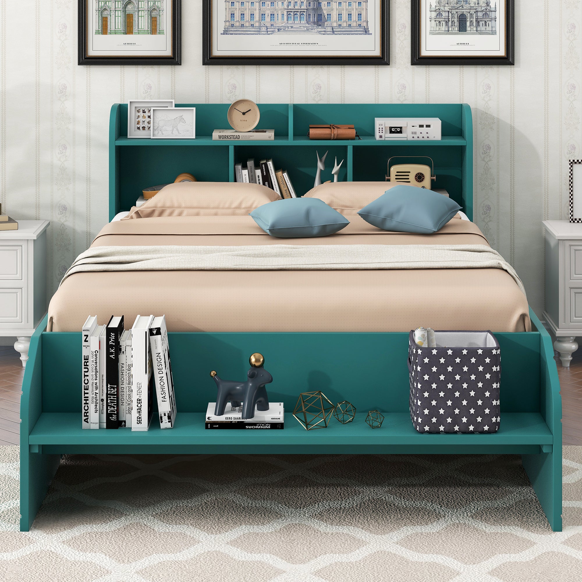 Letto Full Size in Legno con 2 Cassetti, Testiera e Pediera Contenitore - Verde Scuro