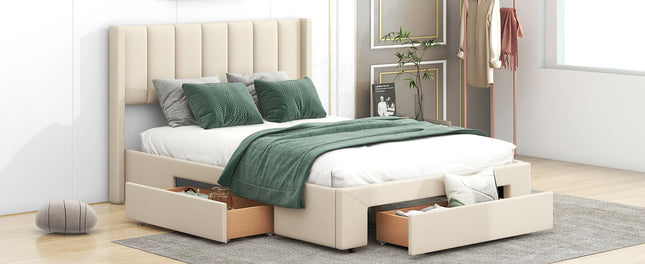 Full Size Upholstered Platform Bed with One Large Drawer in the Footboard and Drawers on Each Side, Beige