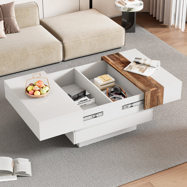 ON-TRANS 31.4 Inches x 31.4 Inches High Gloss Center Table with Sliding Top and Hidden Storage Room – White