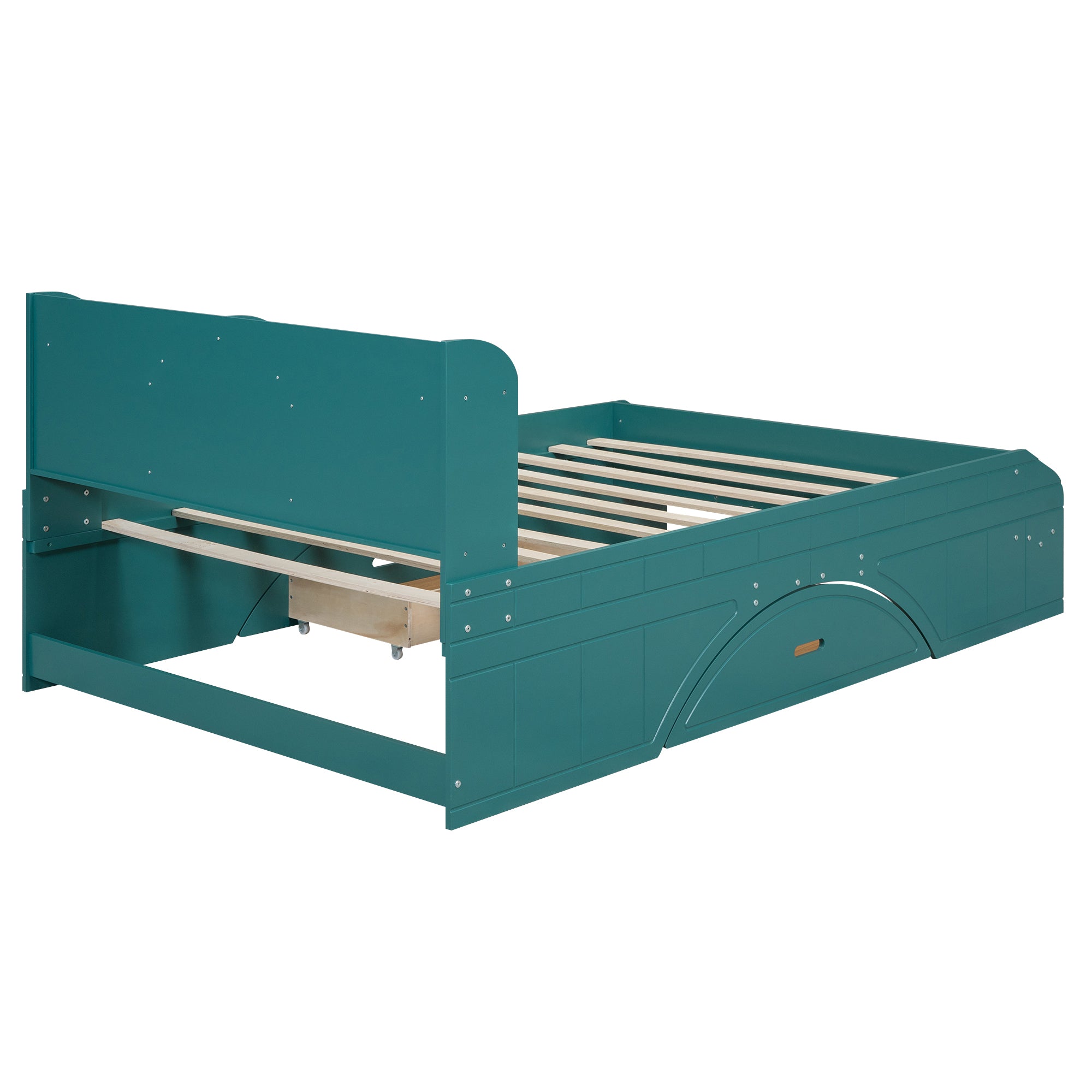 Letto Full Size in Legno con 2 Cassetti, Testiera e Pediera Contenitore - Verde Scuro