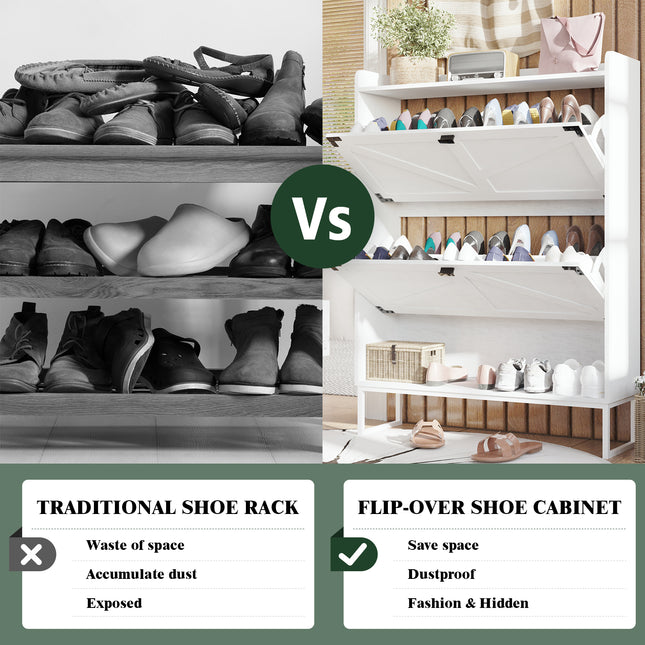 Freestanding Shoe Cabinet with 2 Flip Drawers – White Entryway Storage Organizer with Open Compartment
