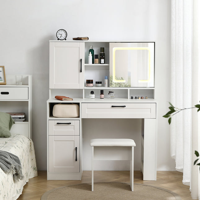 Vanity table with large sliding lighted mirror dressing table with 2 drawers storage shelves and upholstered stool white color Default Title