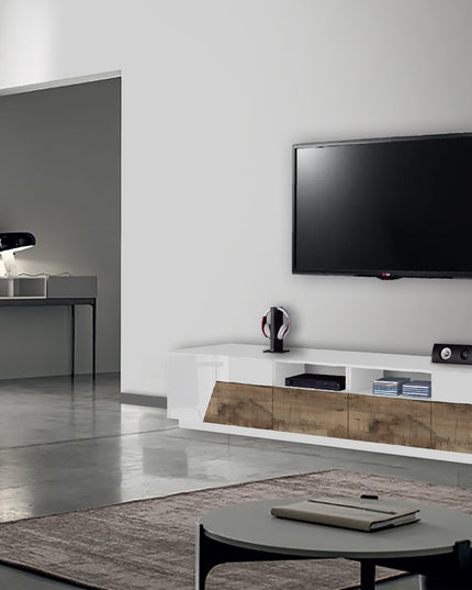 Porta tv ALIEN 260 cm - Bianco laccato lucido / Acero Pereira