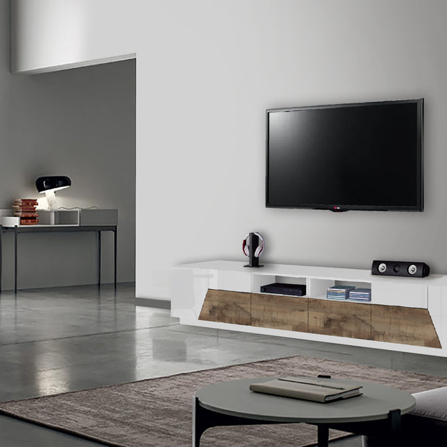 Porta tv ALIEN 260 cm - Bianco laccato lucido / Acero Pereira