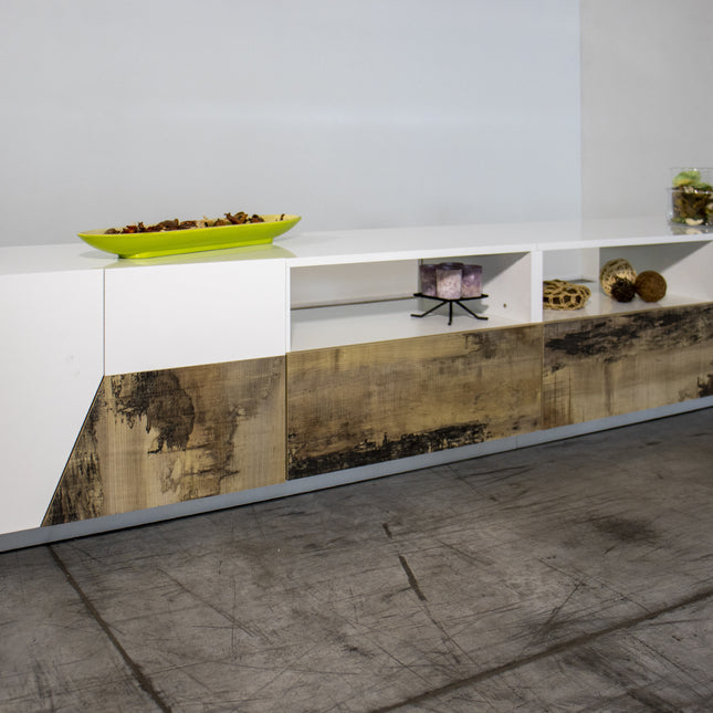 Porta tv ALIEN 260 cm - Bianco laccato lucido / Acero Pereira
