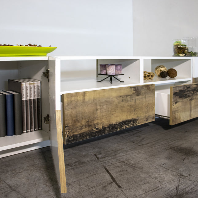 Porta tv ALIEN 260 cm - Bianco laccato lucido / Acero Pereira