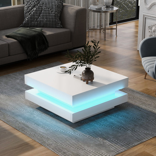 ON-TREND High Gloss Minimalist Design with LED Lights 2-Tier Square Coffee Table White RBG