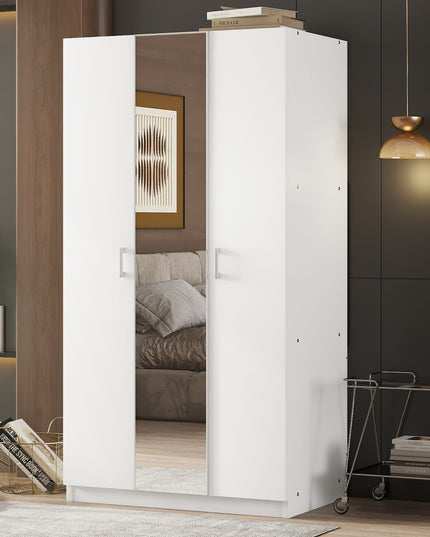 3 Door Wardrobe with Mirror, Armoire with Hanging Rod and 3 Fixed Shelves, White Default Title