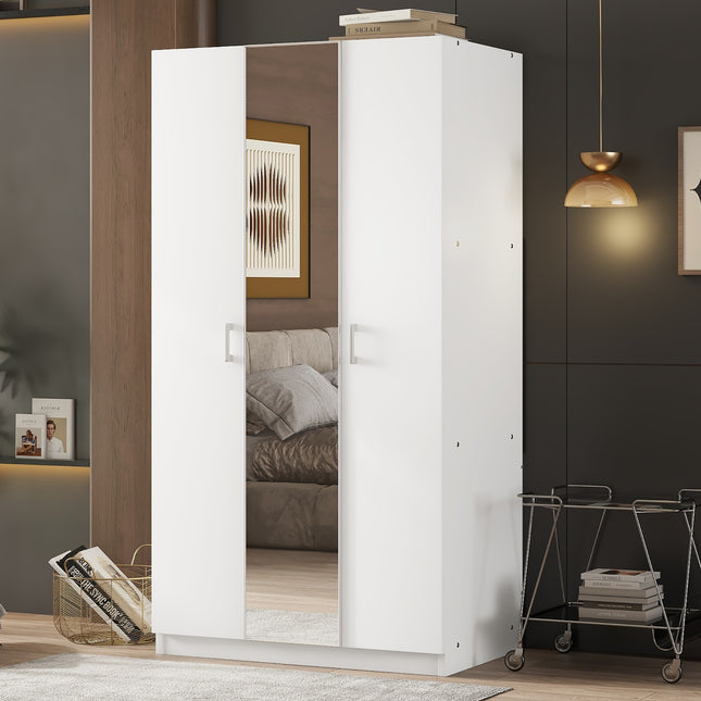3 Door Wardrobe with Mirror, Armoire with Hanging Rod and 3 Fixed Shelves, White Default Title