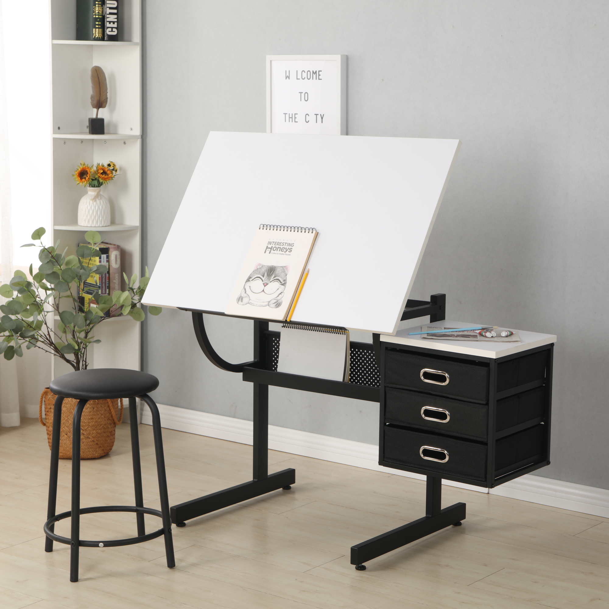 Tavolo Disegno Regolabile Bianco con Sgabello